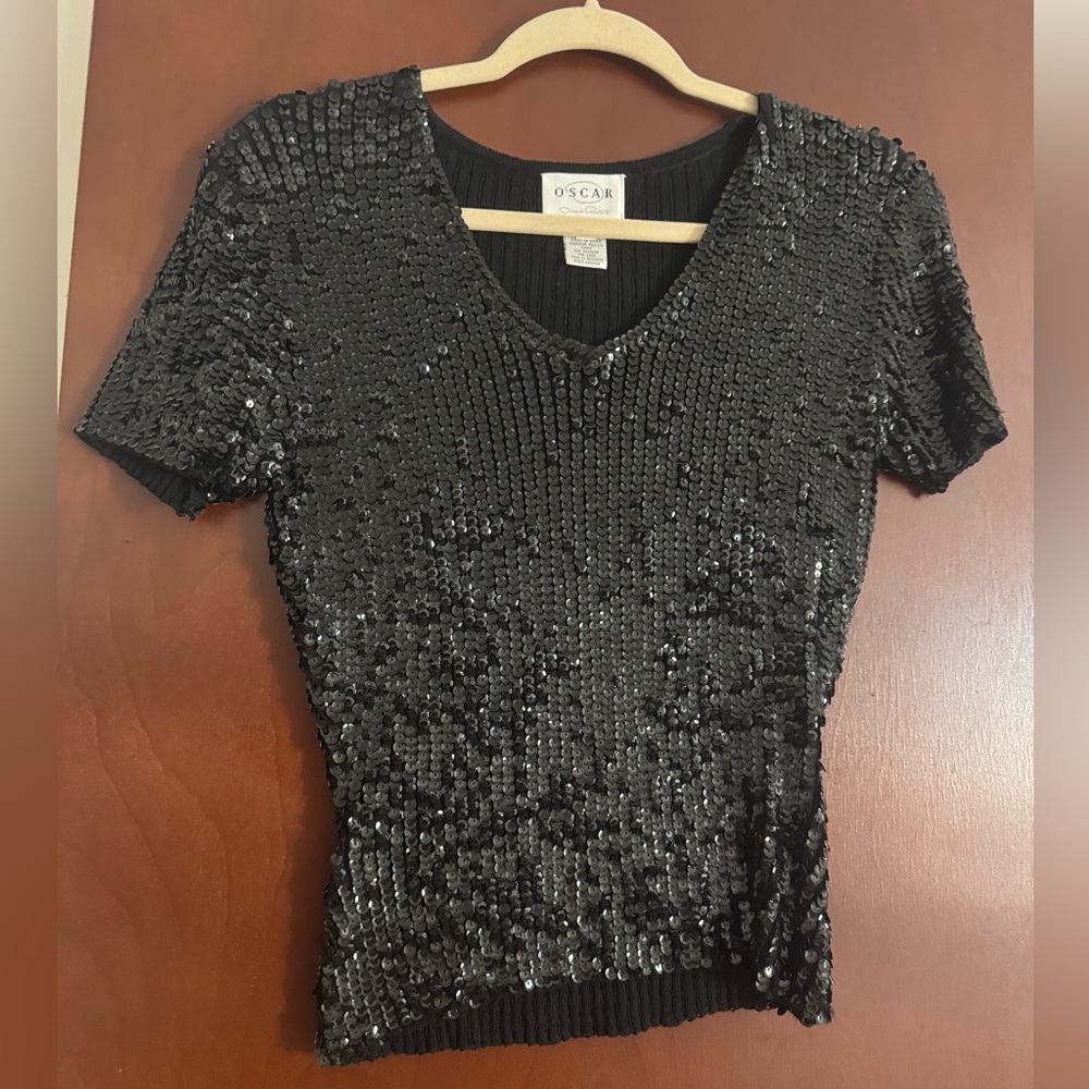 Oscar de la Renta Black Sequin Short-Sleeve V-Neck Top Size M LIKE NEW